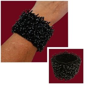 Vintage Black Bead Spiky Woven Statement Whimsigoth Chunky Stretch Bracelet